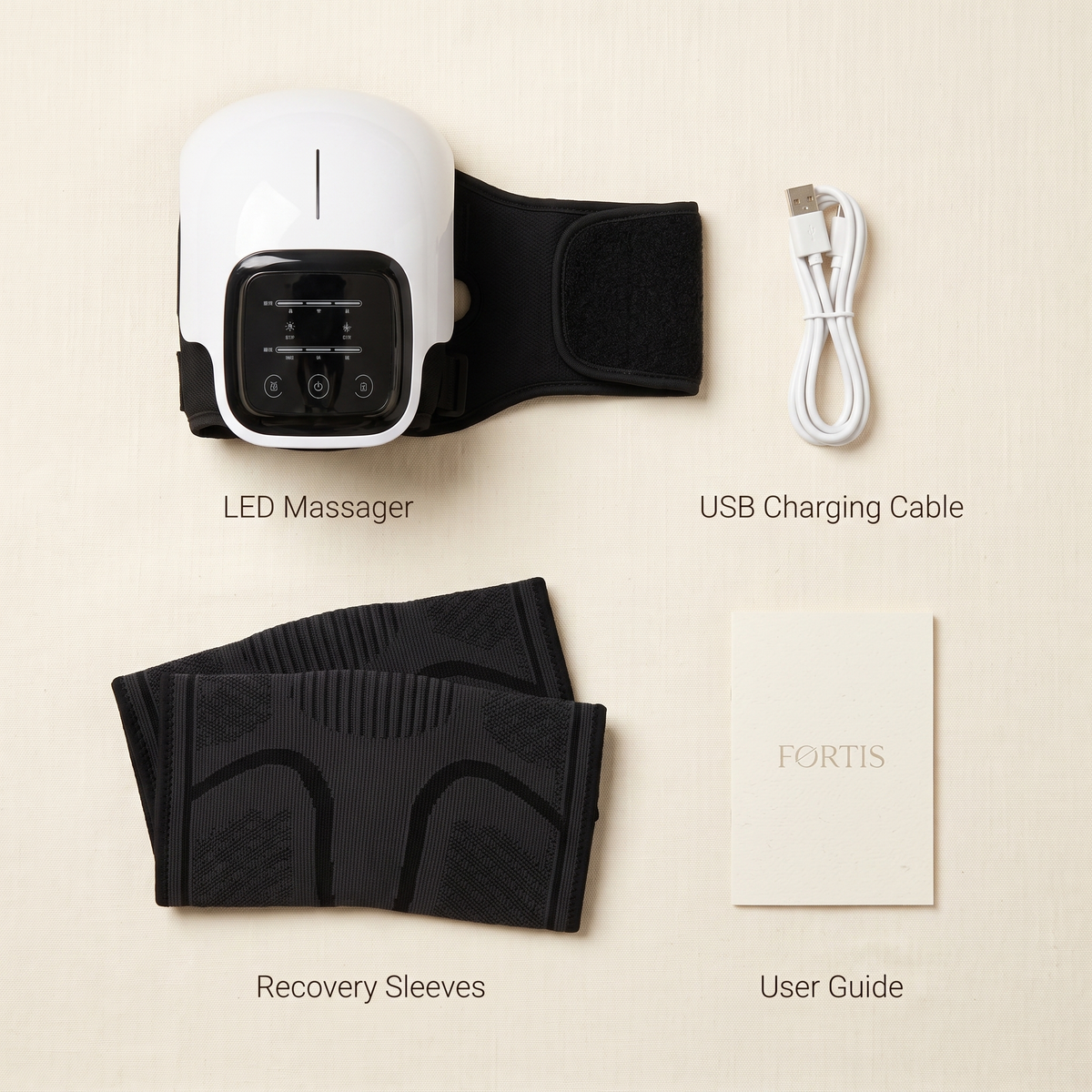 What's in the box — wrap, USB cable, compression sleeves, user guide